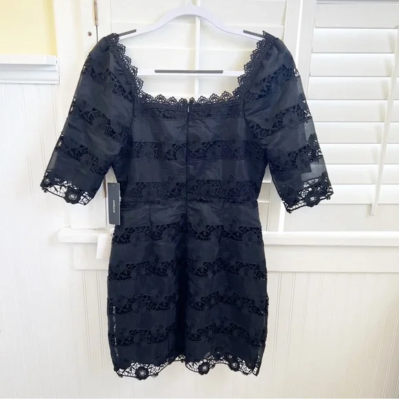Lulus NWT Black Lace Story of Love Half Sleeve Square Neck Dress Size Medium - Picture 2 of 7